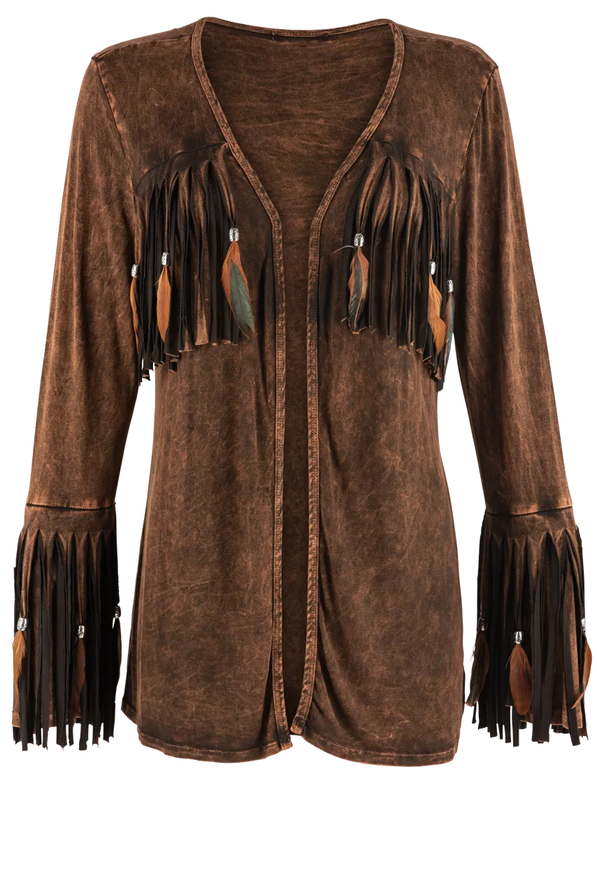 Pat Dahnke Feather Fringe Shawl Jacket - Brown