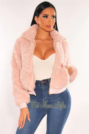 Pink Fuzzy Collared Zipper Cropped Jacket