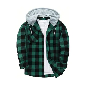 PLAID BUTTON UP HOODED SHIRT WITH CHEST POCKET