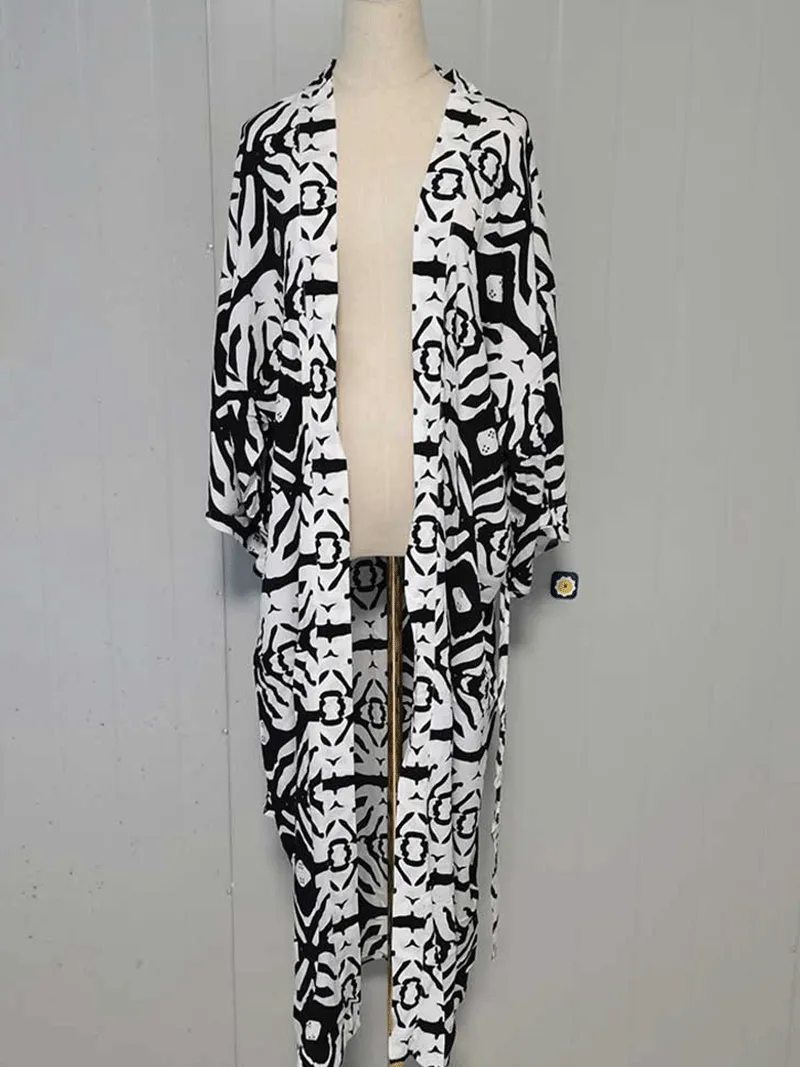 Printed Black Color Polyester Long Length Gown Kimono Duster Robe