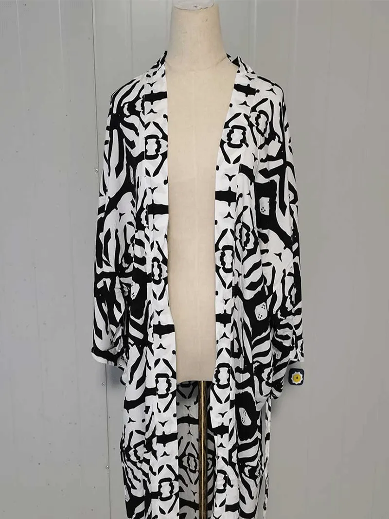 Printed Black Color Polyester Long Length Gown Kimono Duster Robe