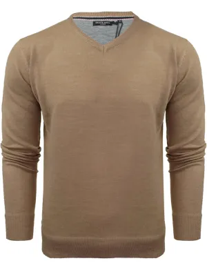 QuazarB V Neck Knitted Jumper in Beige