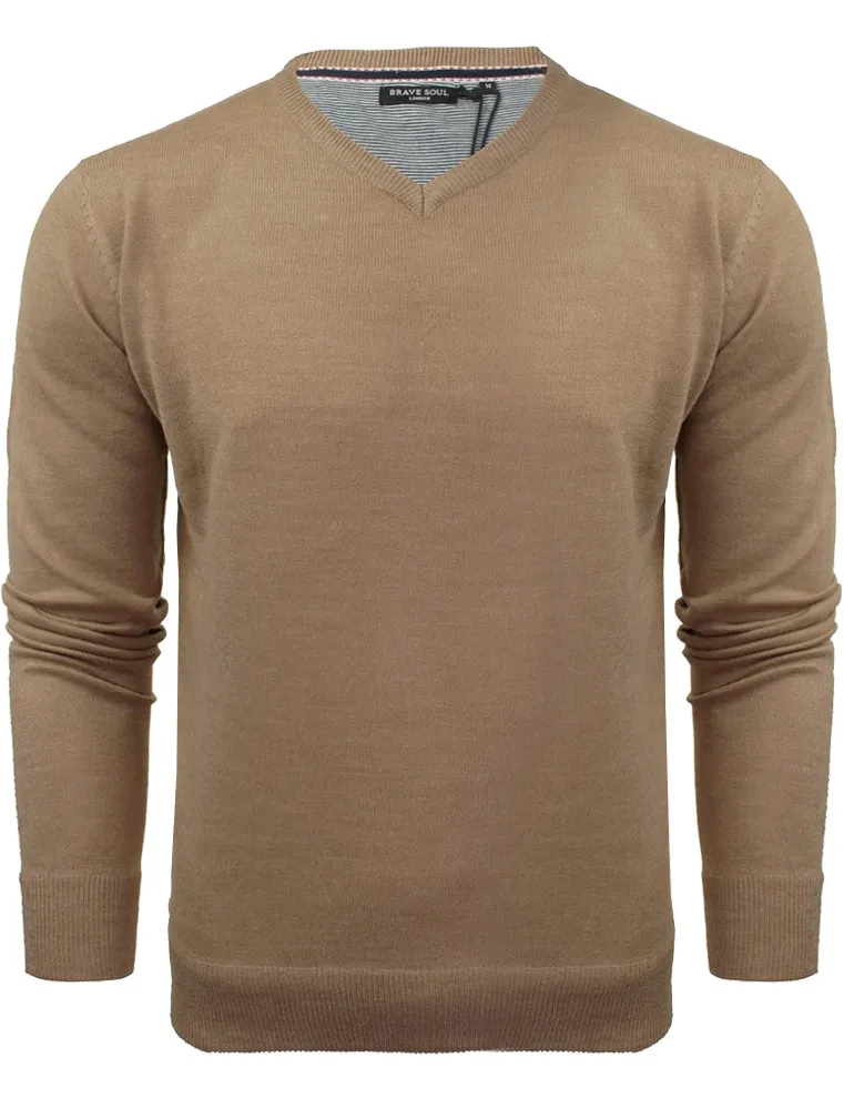 QuazarB V Neck Knitted Jumper in Beige