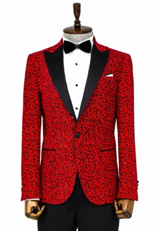 Red Sparkle with Black Cheetah Design Prom Blazer - KCT Menswear