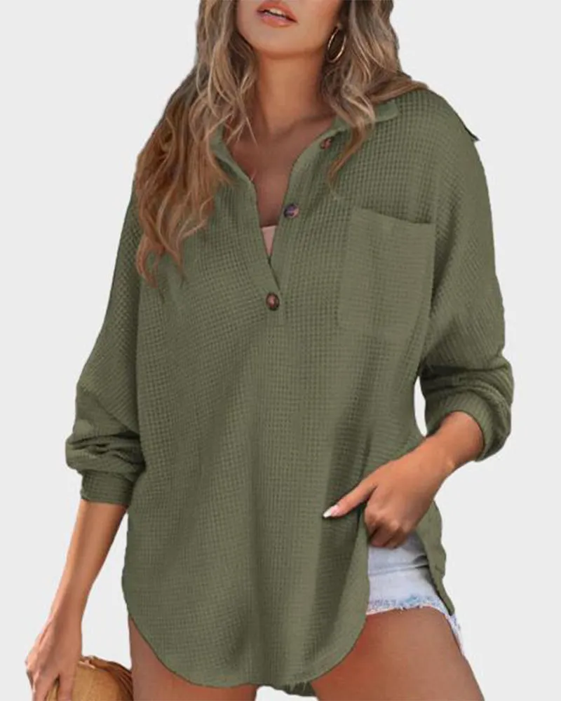 Relaxed Fit Long Sleeve Waffle Knit Button-Up Shirt