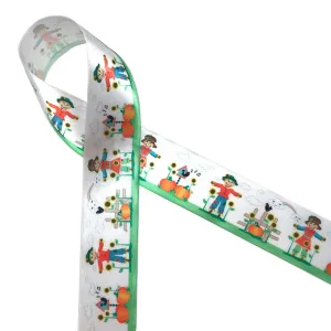 Scarecrows ribbon with yellow sunflowers printed on 7/8" white single face satin