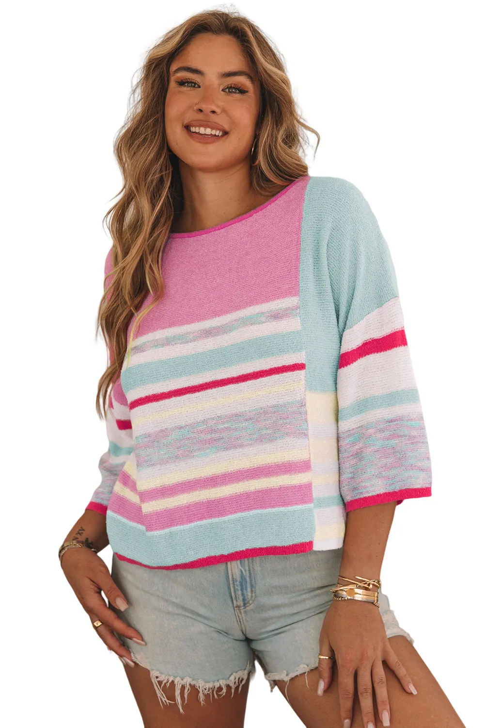 Striped Three-Quarter Sleeve Knitted Top