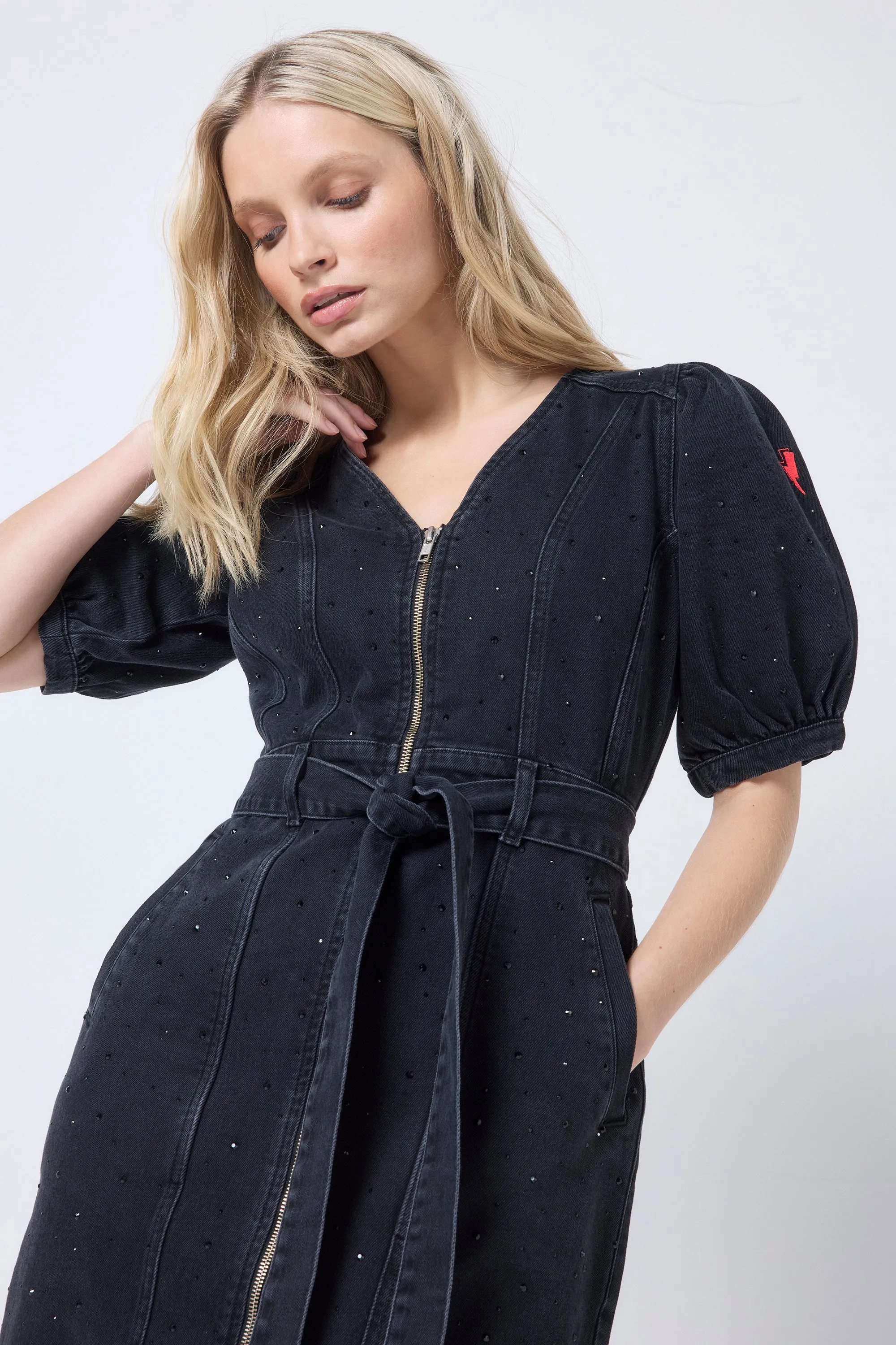 Washed Black Embellished Zip Detail Denim Dress