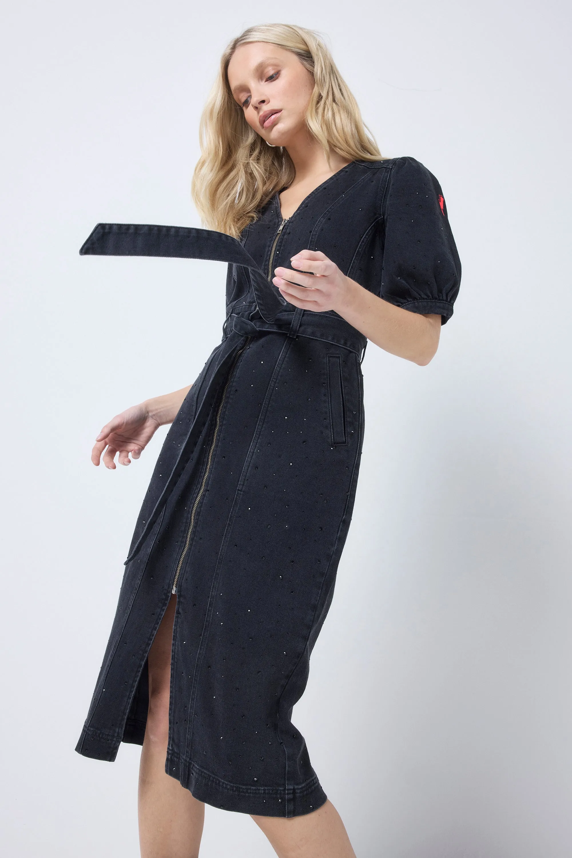 Washed Black Embellished Zip Detail Denim Dress