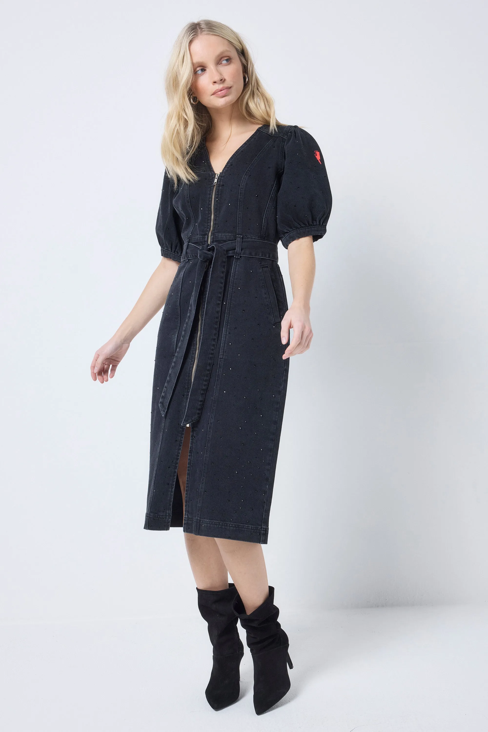 Washed Black Embellished Zip Detail Denim Dress