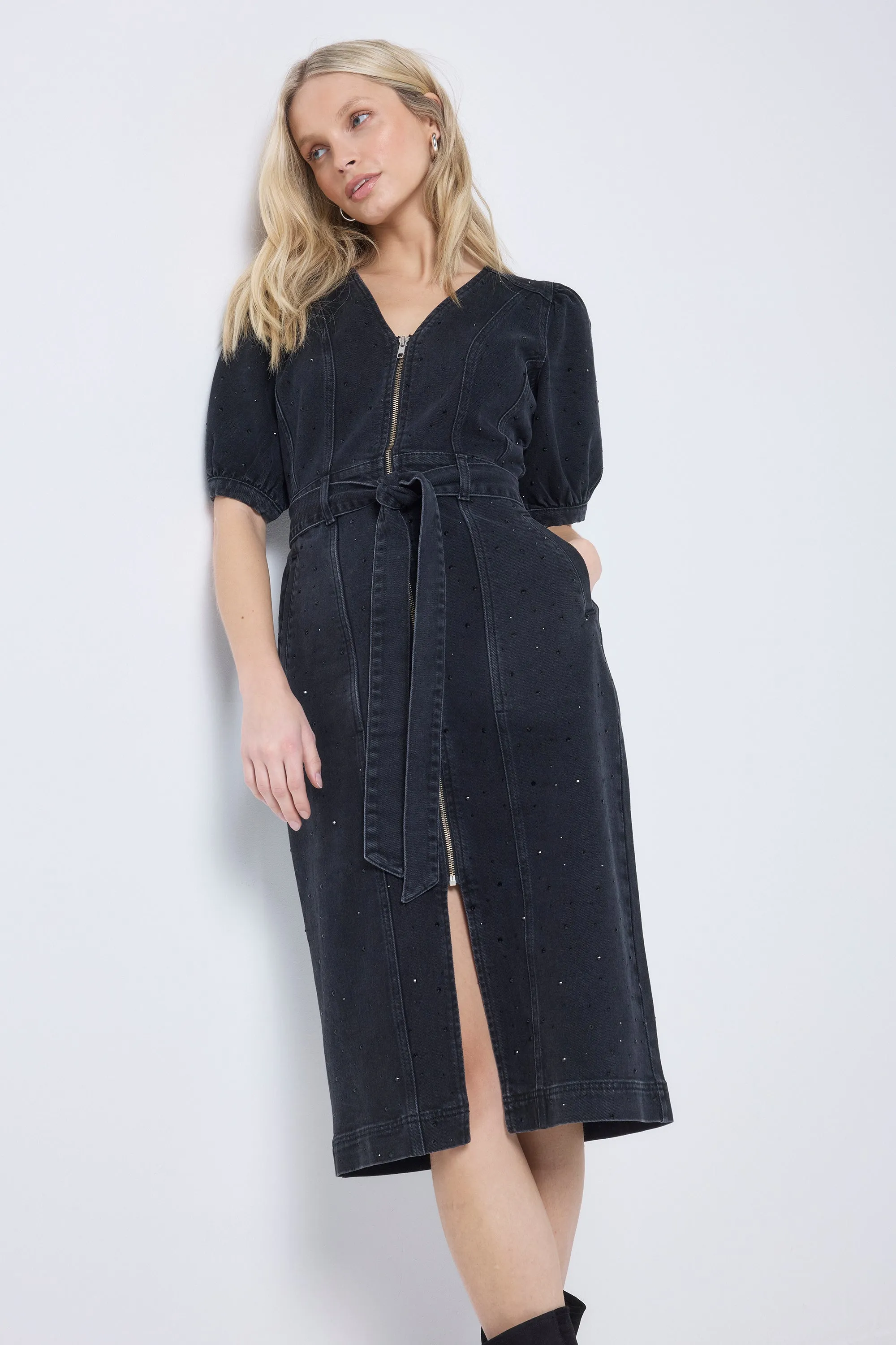 Washed Black Embellished Zip Detail Denim Dress