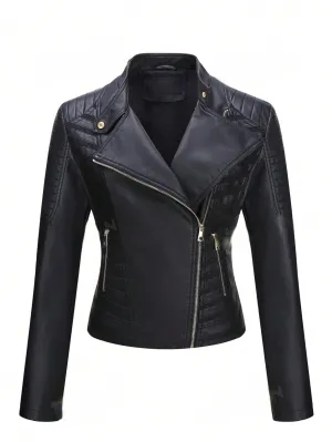 Women Faux Leather Casual Jacket Fall And Spring Fashion Motorcycle Bike Coat