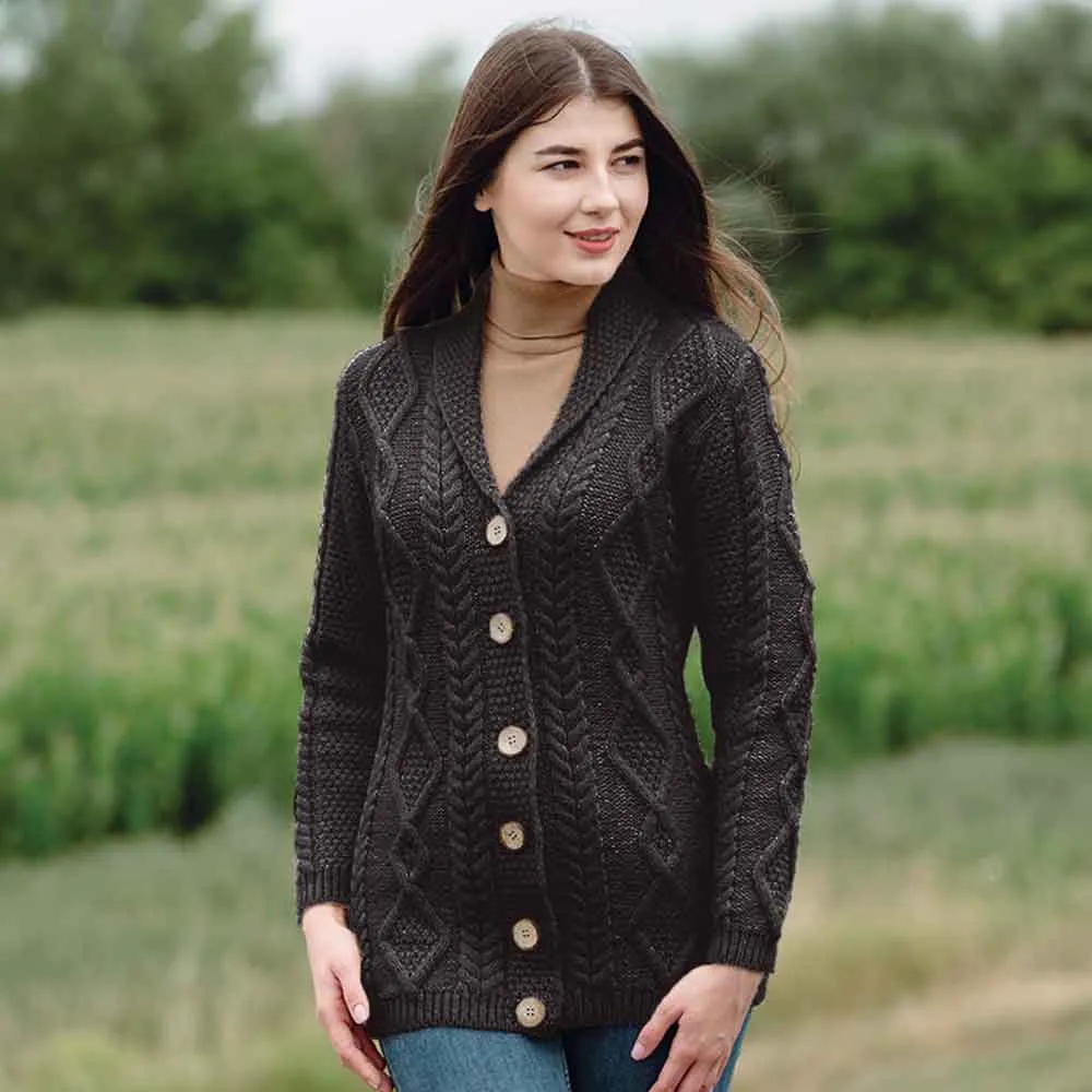 Women's Aran Knit Boyfriend Collar Cardigan, Charcoal