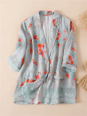 Women's Light Breathable Floral Printed Linen Blazer