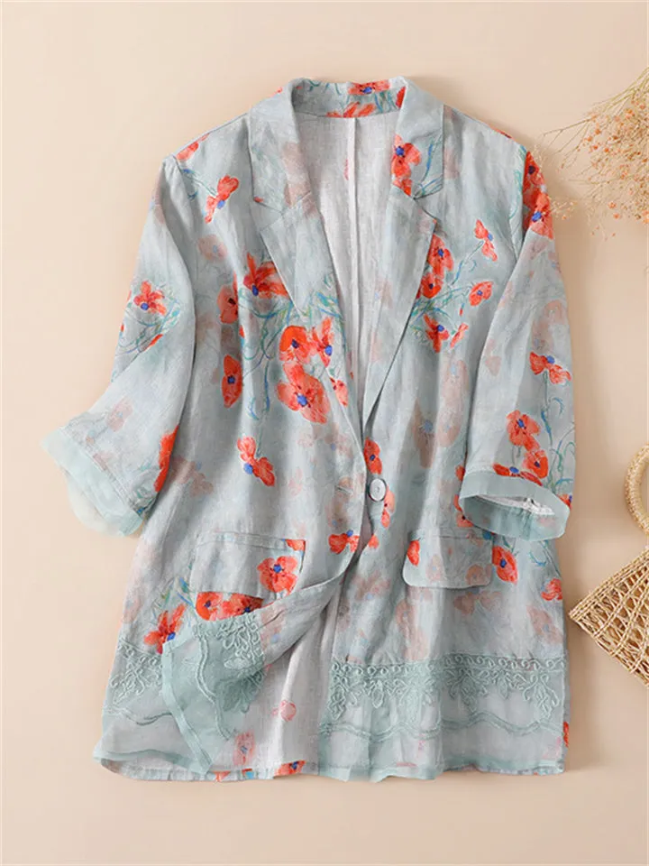 Women's Light Breathable Floral Printed Linen Blazer