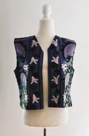 Work of Art! Suzani Hand Embroidered Vest. (Navy and purple)